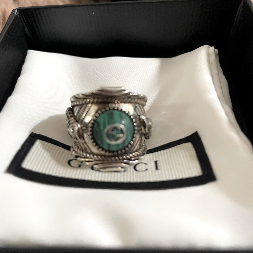 Authentic Gucci Silver Ring with Green Stone and interlocking GG